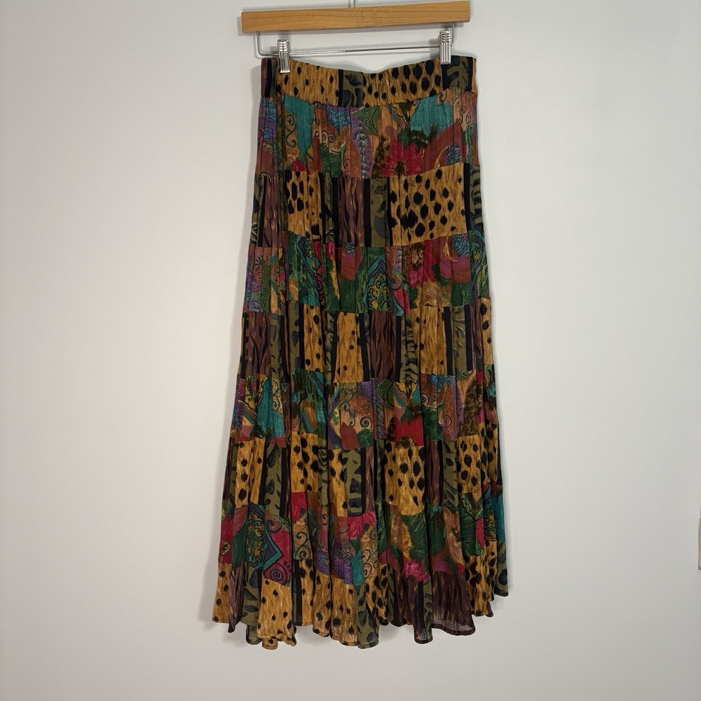VTG 90s Bila Patchwork Tiered Maxi Skirt M 100% Cotton Animal Boho Whimsigoth
